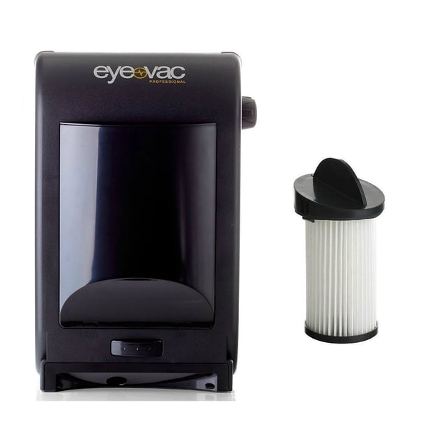 Eye-Vac Pro Black Professional Automatic Touchless Stationary Vacuum Va-00021X shown in a sleek tuxedo black finish with a compact design. The vacuum features a powerful 1400-watt motor, dual HEPA filtration, and infrared sensors for automatic activation. Includes a free replacement filter displayed next to the unit. Ideal for homes, hair salons, pet owners, and arts and crafts spaces.