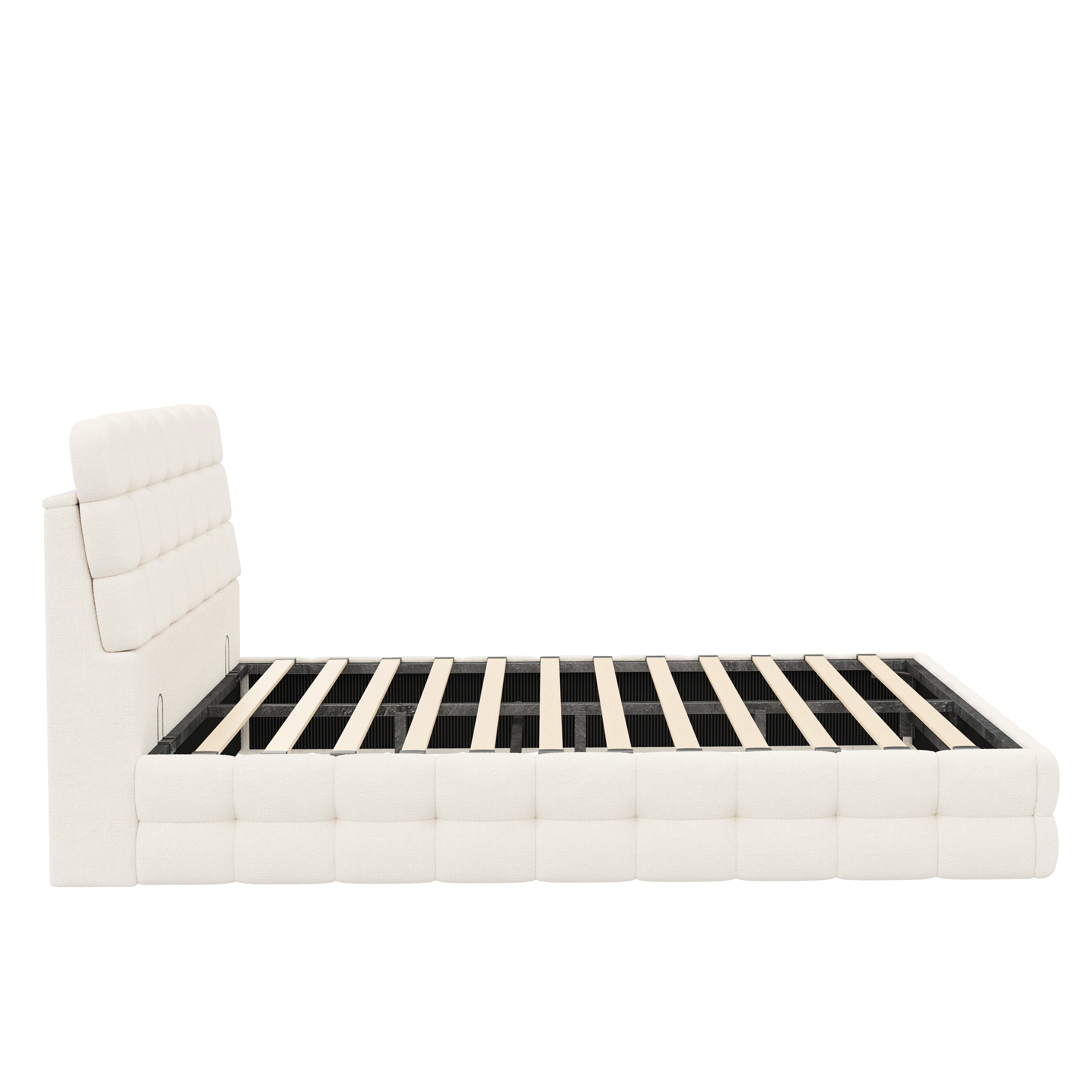 Noble House Cadre de Lit Grand avec Rangement avec Levage et Rangement Hydraulique, Lit Plateforme en Bouclé avec Tête de Lit Capitonnée et Lattes de Bois, Blanc Crème