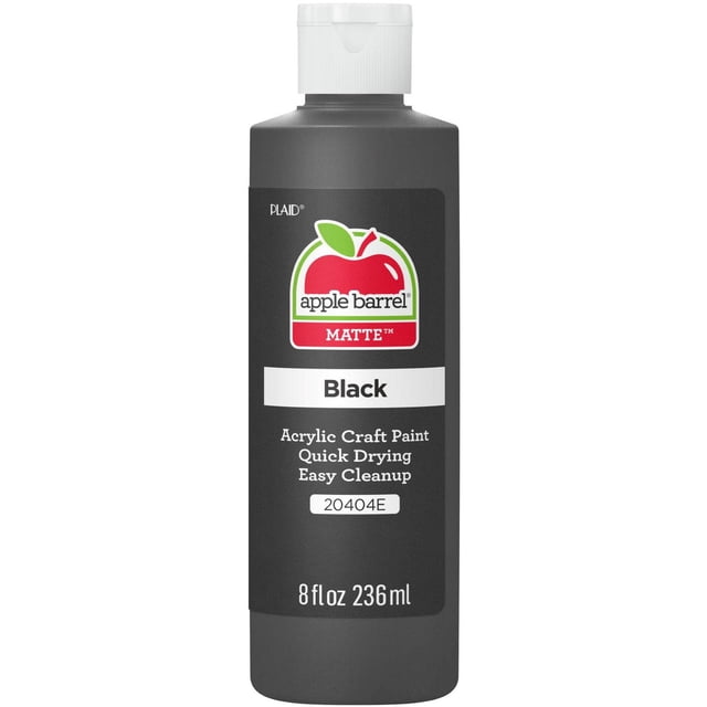Apple Barrel Colors Matte Acrylic Craft Paint 8 fl. oz. in black, a plastic bottle with a white flip-top cap and label featuring the Apple Barrel logo, matte finish, quick drying, and easy cleanup. Suitable for crafting on wood, paper, canvas, Styrofoam, and more, often used with acrylic paint brushes, stamps, and stencils.