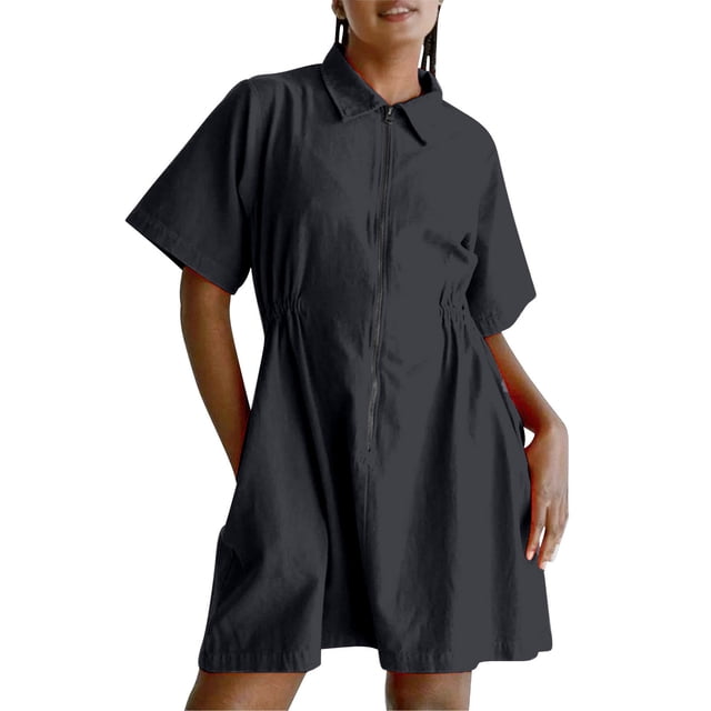 hotojiny Robes pour Femmes Été Légères à Fermeture Éclair à Col Tunique d'Entraînement Mini-Robe Unie Fluide Évasée Robes T-Shirt