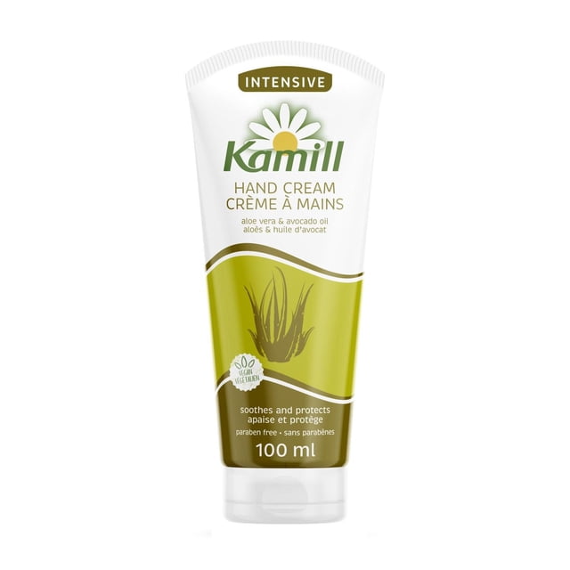 Kamill Hand Cream Intensive 100ml tube with aloe vera and avocado oil, vegan and paraben-free formula that soothes and protects dry, chapped hands with fast-absorbing intensive moisture.