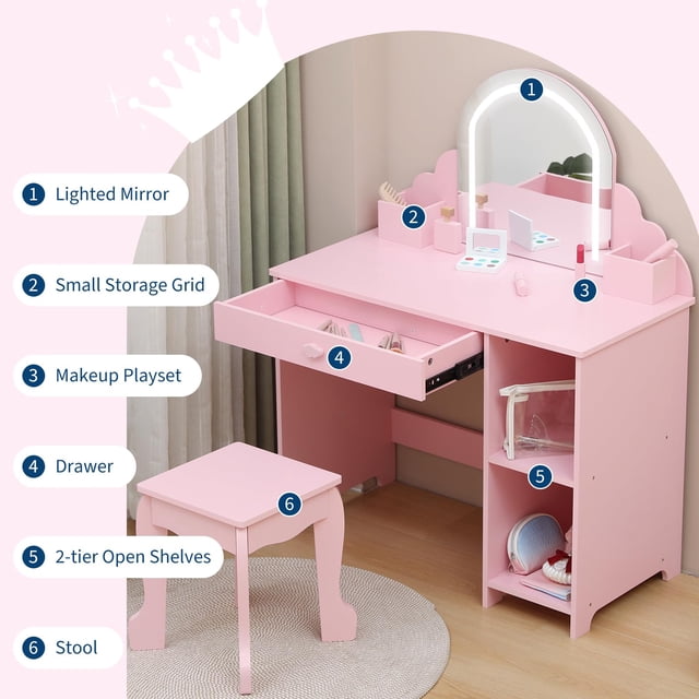BeesClover Kids Vanity Set with Lighted Mirror, 2-in-1 Girls Dressing Table & Stool, Makeup Vanity with Drawer & Open Shelves