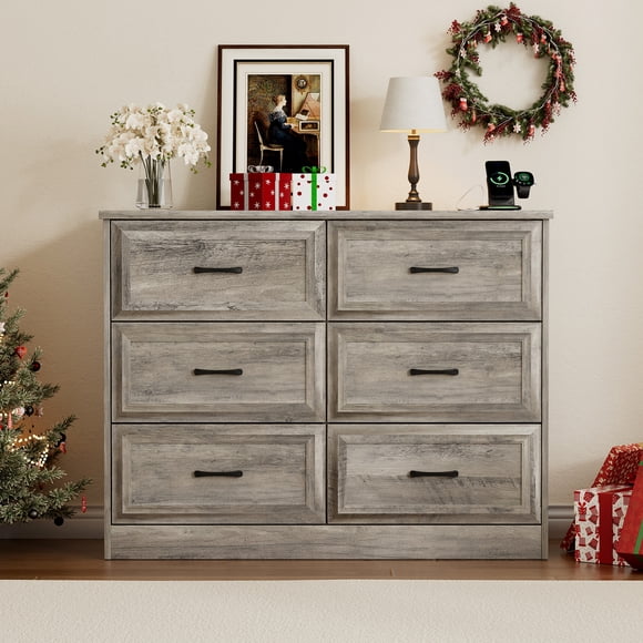 VEANERWOOD 6 Drawers Dresser for Bedroom, Wood Chest of Drawers with Charging Station, Grey