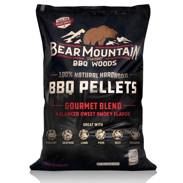 Bear Mountain BBQ All-Natural Hardwood Gourmet Blend Smoker Pellets, 40 lbs bag with bold black packaging showcasing branding and text emphasizing its balanced sweet smoky flavor. Made from 100% natural hardwoods without additives or fillers, these grilling fuels are ideal for poultry, seafood, lamb, pork, beef, and vegetables. Perfect for outdoor pellet grills, smokers, gas, charcoal, and electric grills.