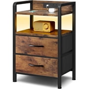 Nightstand with 2 Fabric Drawers and Open Shelf, Metal Frame and MDF Top Bedside Table, End Table for Bedroom or Living Room- Brown