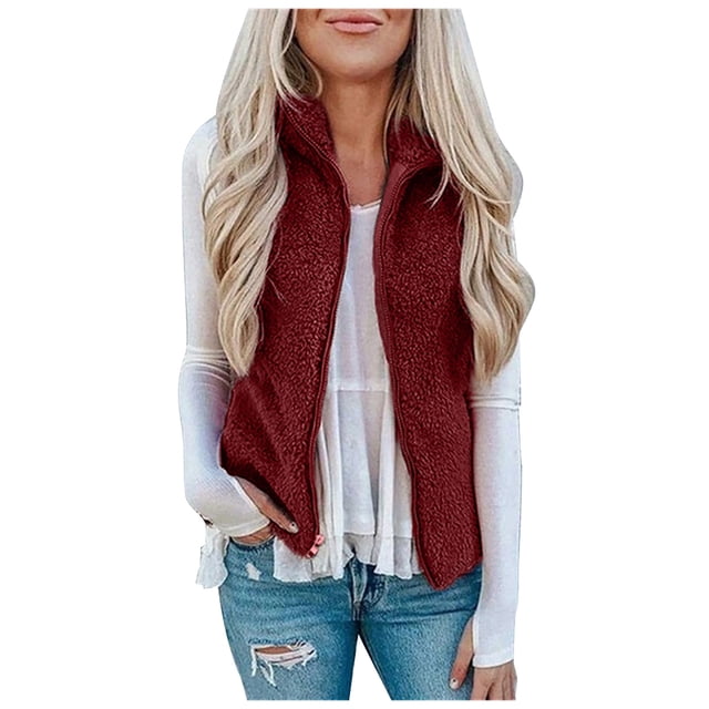 Heliisoer Pocket Women Zipper Solid Color Jacket Plush Sleeveless Lapel Vest Loose