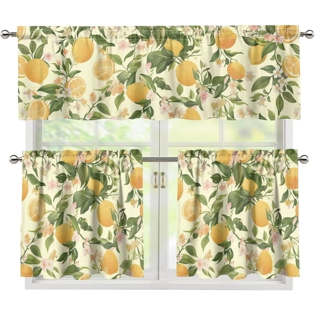 Lemon Print 3 Piece Kitchen Curtains and Valances Set Farmhouse Washable Rod Pocket Kitchen Curtain Set 24 Inches, Kitchen Window Curtains Set European Style Curtains for Cafe