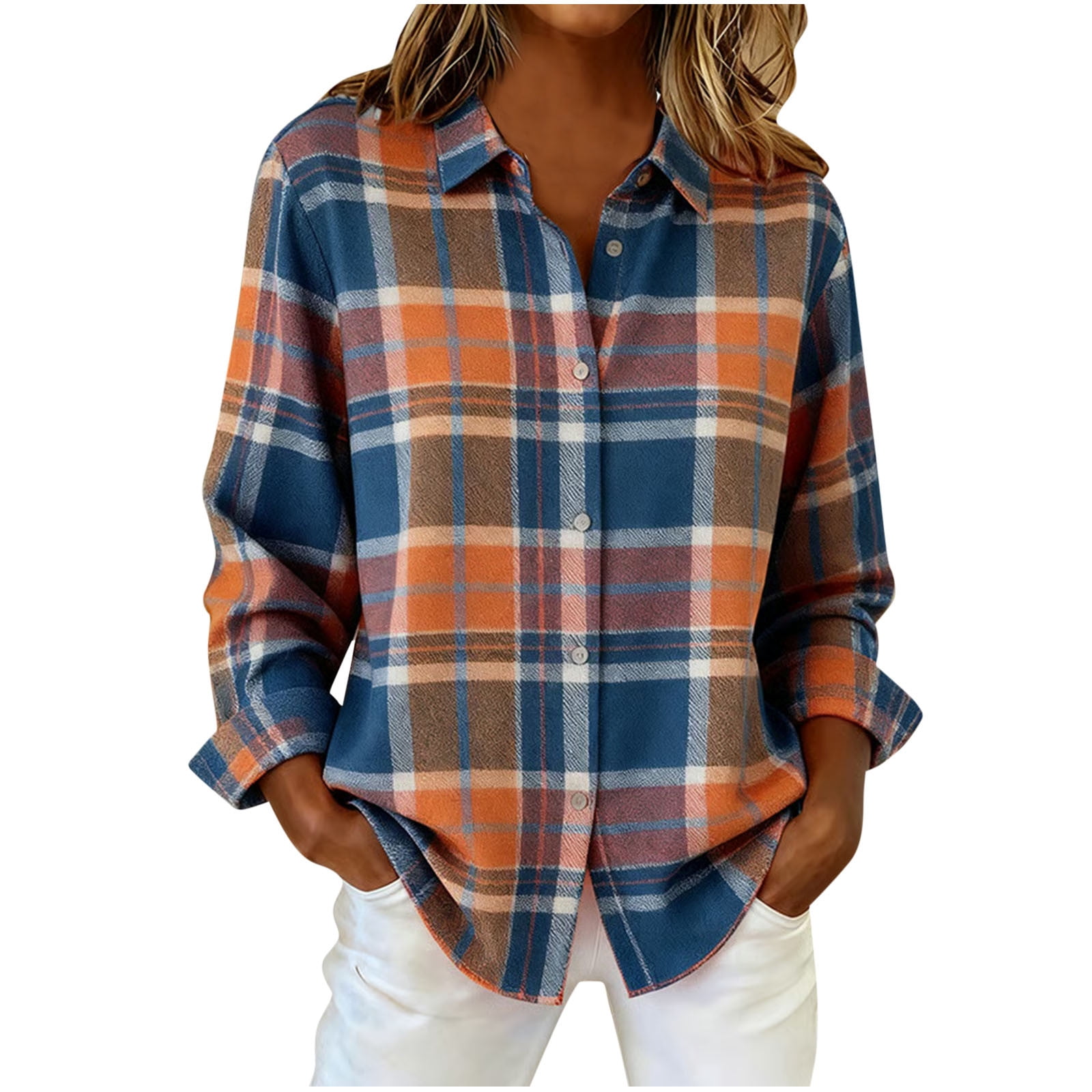 Lovzfmll Classic Button-Down Plaid Shirt for Women, Long Sleeve Fashion ...