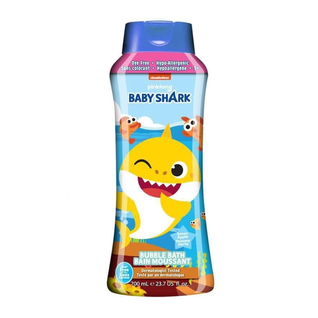 Baby Shark Bubble Bath 700ml bottle with blue flip-top cap featuring a yellow Baby Shark character winking on a blue underwater background with orange fish, green apple scented, dye free, hypo-allergenic, tear free, and dermatologist tested for gentle bath and body care.