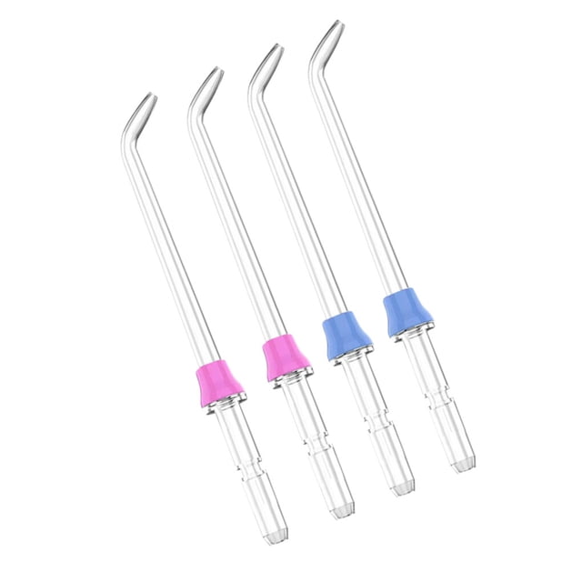 4pcs Water Flosser Tip Water Toothbrush Refill Head Replacement for Waterpik, including two pink and two blue tips. These refill heads are made of clear plastic with coloured bases and are compatible with Waterpik devices, ideal for maintaining oral hygiene.