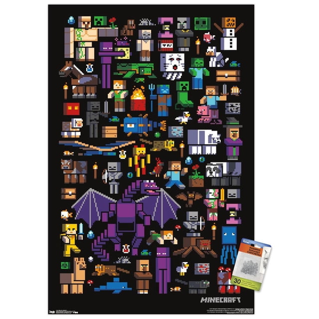 Minecraft - Affiche Murale de Mobbery, 22,375 Po x 34 Po Présentant un art pixel de mobs Minecraft Incluant le Dragon Ender Violet, des Creepers, des Squelettes, des Zombies, des Ghasts et des Golems de Fer sur Fond Noir, Imprimée sur Papier d'Affiche Lustré, Idéale pour l'Art Mural et la Déco de la Maison dans les Chambres Ou les Salles de Jeux.