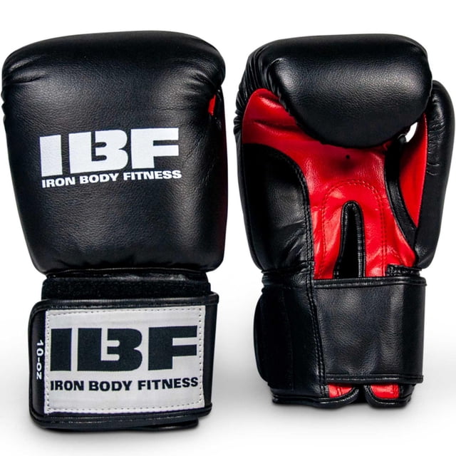 Gants de Boxe de la Série d'Entraînement Physique Iron Body - 10 oz - Rouge et Noir (IBF) avec Coque en Vinyle Noire durable, Coutures Renforcées, et Doublure Rouge Respirante Qui Évacue l'Humidité. Doté d'Un Rembourrage en Mousse Multicouche Absorbant les Chocs, Conception Ergonomique à Poing Fermé Préformé, et Grande Sangle Auto-Agrippante avec logo IBF, Convient à la Boxe et à l'Entraînement de MMA.