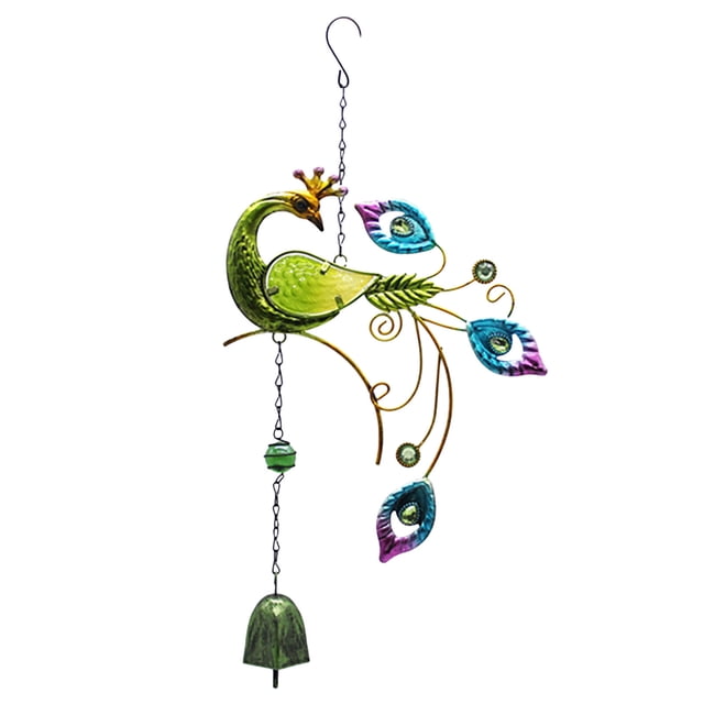 CEHVOM Peacock Shape Wind Chime Metal Craft Garden Balcony Decoration designed for outdoor decor and patio enhancement. This artistic wind chime features a vibrant peacock design with hand-painted iron and glass elements, colorful tail feathers, and a hanging bell. Includes an S-hook for easy placement in gardens, balconies, or windows. Dimensions: 46x24cm (18x9.43in).