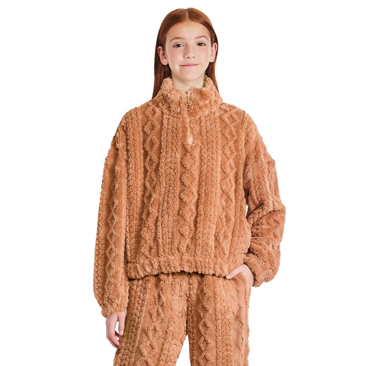 Chandail en molleton peluche zippé au quart avec col montant Justice pour filles