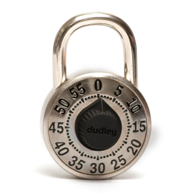 Dudley Combination Lock #DYRP7SP with a 1.97-inch wide stainless steel body and 0.24-inch diameter hardened steel shackle, featuring a 3-digit keyless combination dial numbered 0 to 55 in black on a silver finish, front-facing on white background, suitable for securing lockers or cabinets.