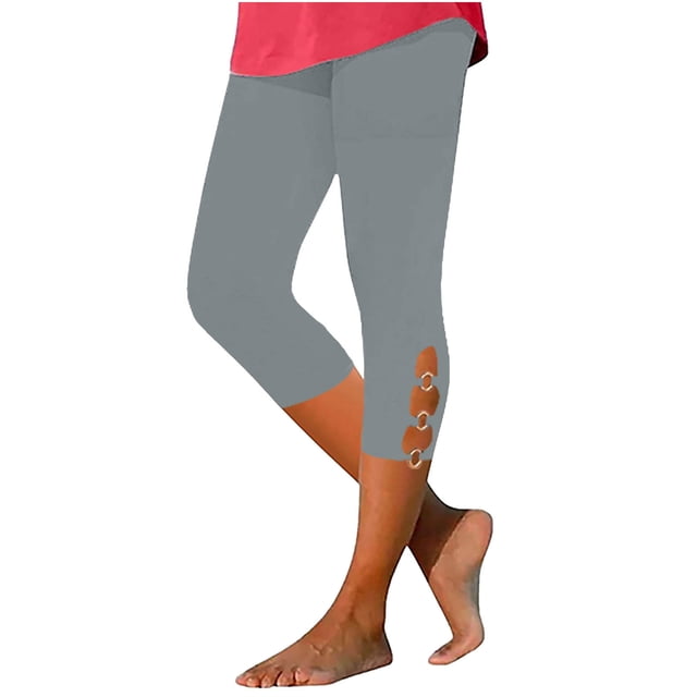 Timegard Womens Capri Pants Elastic Waisted Cutout Slim Solid Color Comfy Short Leggings Bottom Trousers