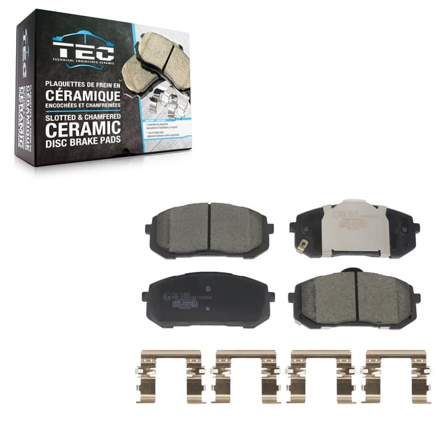 TEC Front Ceramic Disc Brake Pads TEC-2400 for Hyundai Elantra, designed for front position on 2021-2024 models. Features SilentGrip™ Low Resin Ceramic formula for smooth braking, fiber-reinforced multi-layer shim for noise reduction, and High Carbon SteelRX™ alloy with anti-rust black paint for durability. Includes four brake pads and mounting hardware, ideal for automotive replacement parts needs.