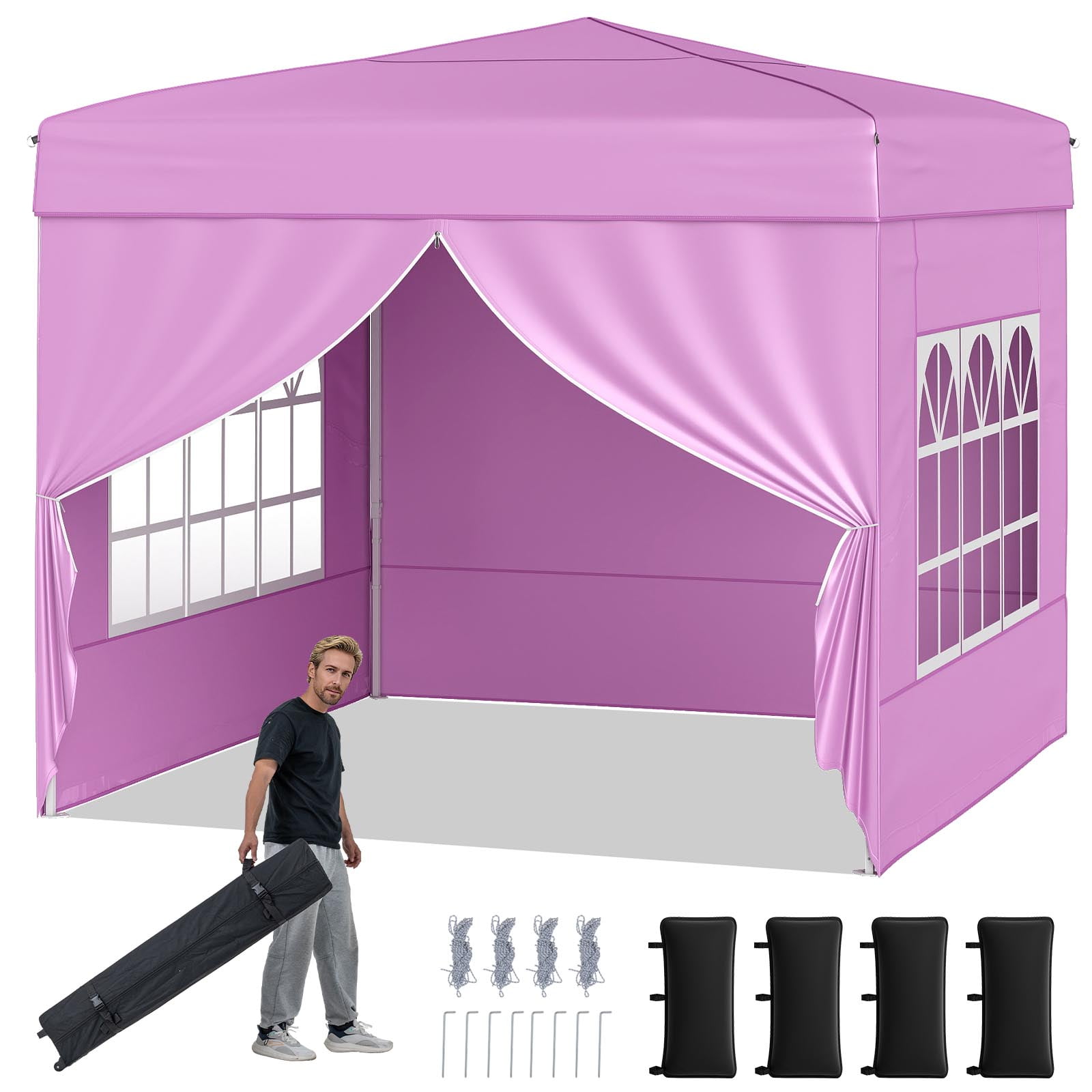 Gymax 10 X 10 Ft Pop Up Canopy Tent W/ 4 Sidewalls Wheeled Bag 4 Sandbags 8 Stakes Pink