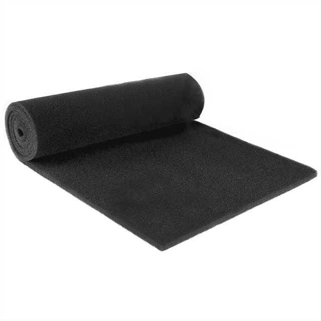 Extra Large Cuttable Air Conditioner Filters in black, featuring a roll of foam pad pre-filter measuring 15.7 x 59 inches (40 x 150 cm). The filter is 5/16 inch thick, designed to capture large particles like dust and pet hair, and can be cut to fit air conditioners, air purifiers, and other appliances. The roll is shown partially unrolled on a white background.