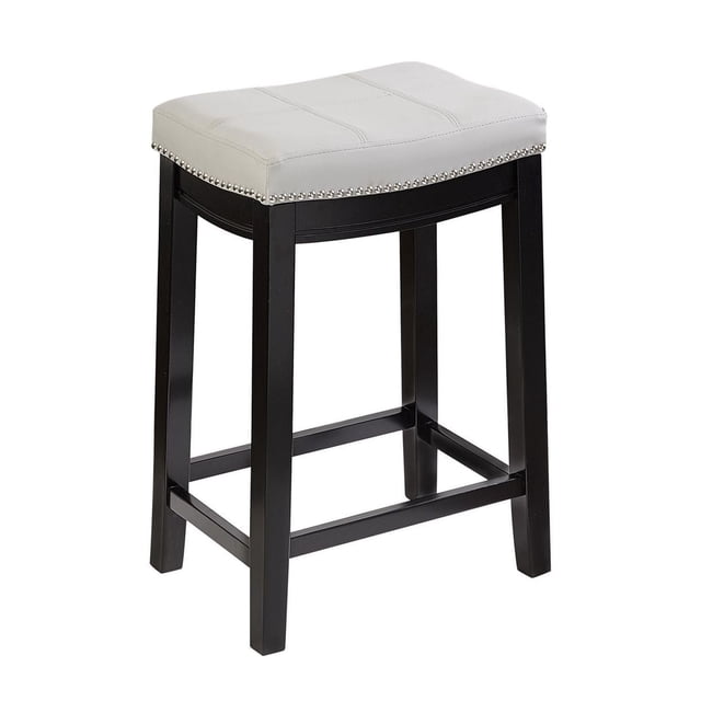 Tabouret de Comptoir Warren Gris avec Siège Rembourré en Similicuir Gris, Bordé de Têtes de Clous Argentées et de Surpiqûres à double Aiguille, Supporté par un Cadre Robuste en Bois Massif Noir avec Quatre Pieds et Repose-Pieds, Hauteur d'Assise de 26,5 Pouces, Convient aux Comptoirs de Cuisine et de Salle à Manger de 35 à 39 Pouces.