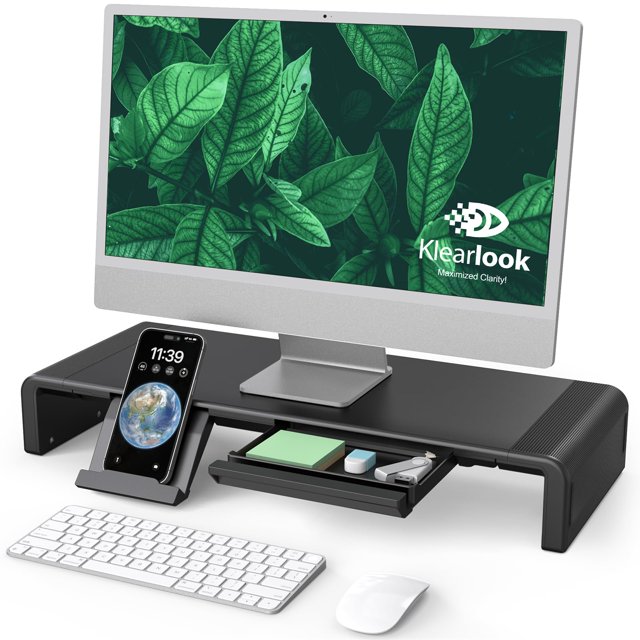 Support Rehausseur pour Moniteur, Klearlook Support Pliable pour Moniteur d'Ordinateur, Support d'Ordinateur à Hauteur Réglable, Rehausseur d'Étagère de Bureau avec Tiroir de Rangement et Support pour Tablette et Téléphone