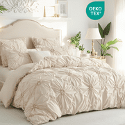 JOLUSERE Rustic French Style Beige Duvet Cover Sets King Size, Textured Flower Pinch Pleated Solid Luxury Bedding Sets