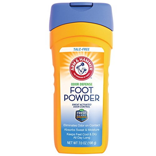 Arm & Hammer Odor Control Foot Powder, 7.0 ounces, in a yellow container with a blue cap. The packaging highlights features such as talc-free formula, sweat-activated odor control, and Fresh Guard technology. Designed to eliminate odor, absorb sweat, and keep feet cool and dry all day.