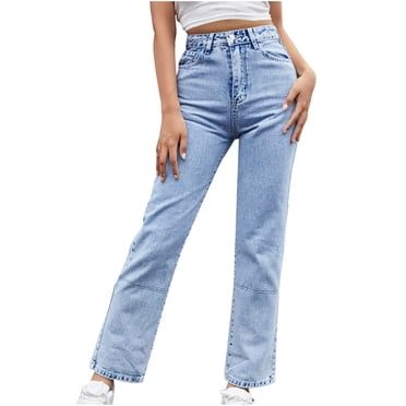 Bigersell Blue Jeans for Women Jeggings Summer Denim Jeans Ladies Boot Cut Denim Pants Button Closure Light Wash Ripped Low Waisted Jeans Female Loose Mid Waist Long Pants Style J-140 Light Blue L