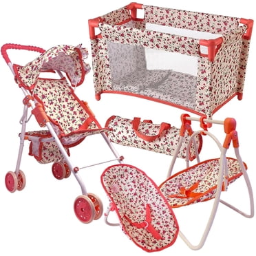 Deluxe Baby Doll Stroller and Crib Furniture Playset, Multi Baby Doll Accessories Set for 18" Dolls, Includes Doll Stroller Swing and Doll Bed Pretend Pla