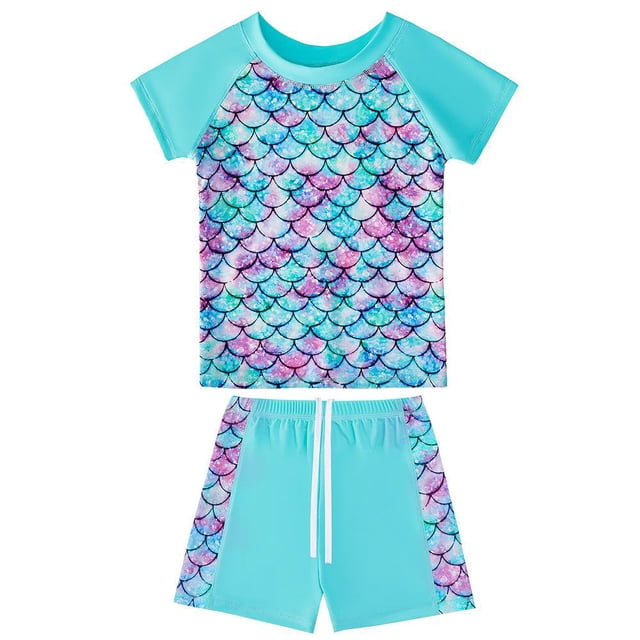 Girls Rash Guard 2-Piece Swimwear Fish Scale Pattern Swimwear Upf 50+ Uv for 4-12Y