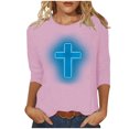 thumbnail image 1 of RKSTN Hauts pour Femmes Mode Décontractée Imprimé Crucifix Col Rond Manches 3/4 T-Shirt Couleur Unie Ajusté Blouse Printemps Été, 1 of 4