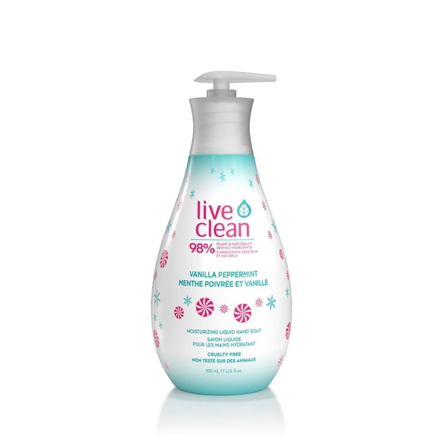 Live Clean Holiday Vanilla Peppermint Moisturizing Liquid Hand Soap in a 500 mL white and teal pump bottle decorated with red peppermint candy and teal star designs, featuring 98% plant and naturally derived ingredients and a cruelty-free formula, ideal for gentle daily hand cleansing.