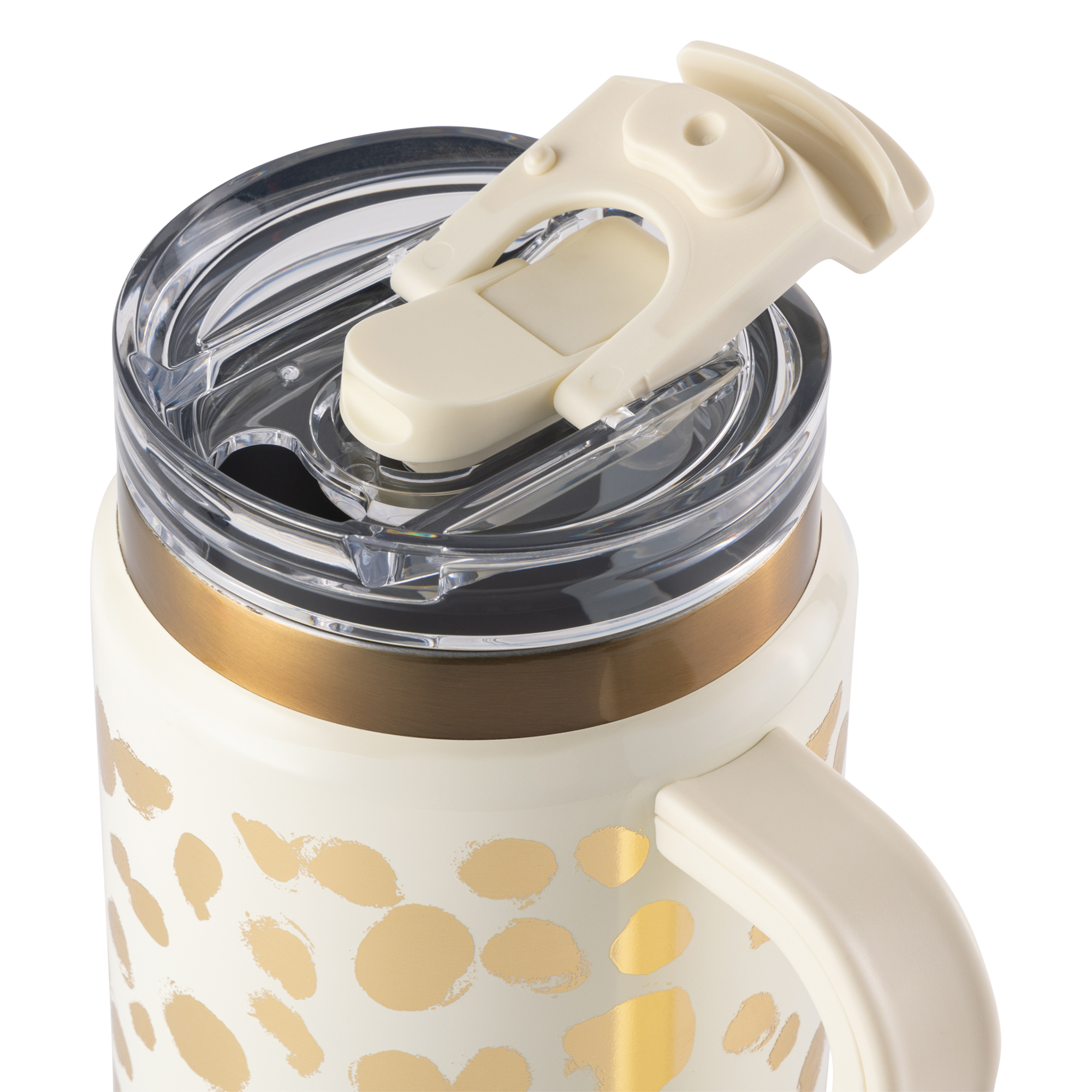 111 / 5,000 Gobelet Thyme & Table de 940 ml avec poignée, couvercle à double paille, double paroi isotherme en acier inoxydable, crème et pois dorés
