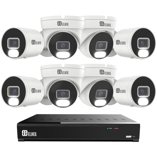 Security Camera System 4K 8MP, 8Ch NVR PoE 8-Camera Outdoor 4TB Color Night Vision, Person & Vehicle Detection Smart Home Surveillance Wired DIY, Elder Hunter Series