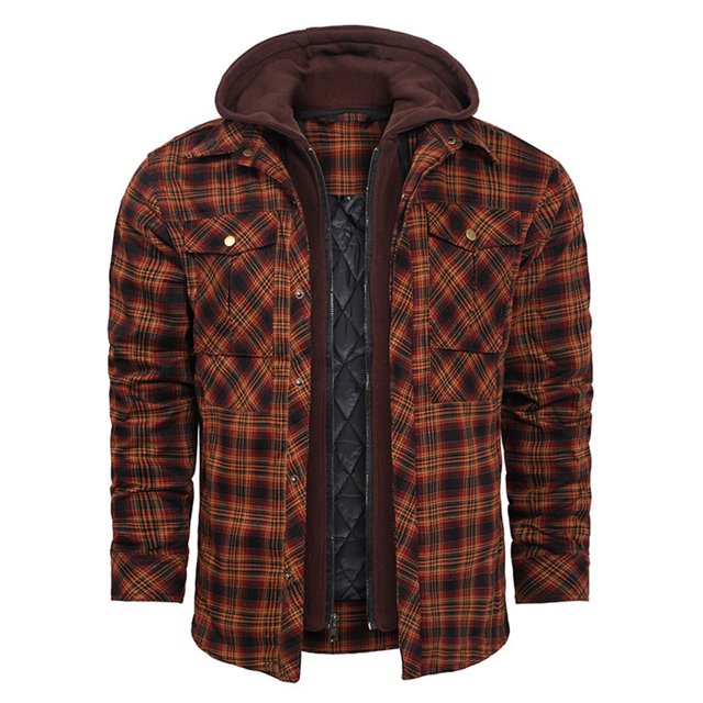 LOVZFMLL Jackets for Men's Winter Checkered With Button Pockets And Long Sleeved Hooded Casual Jacket
