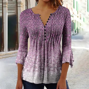 Jsaierl Tuniques à Manches 3/4 pour Femmes, Chemises Élégantes à Imprimé Floral, Décontractées et Tendance, Hauts à Encolure en V Fendue, T-Shirts Plissés à Taille Empire, Blouses Fluides à Ourlet Évasé