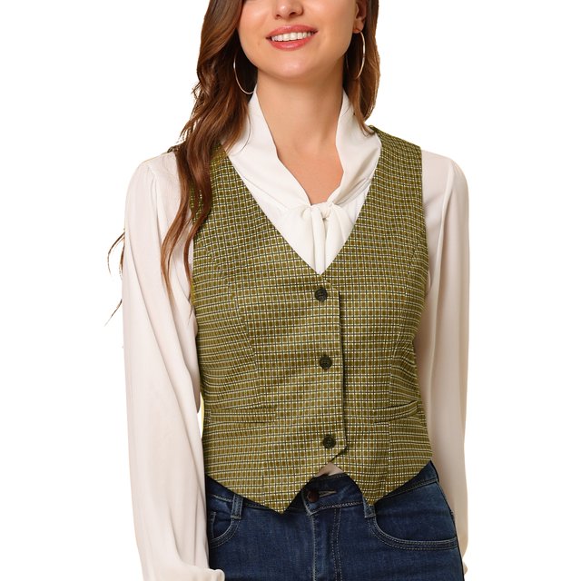 INSPIRE CHIC Veste Sans Manches à Carreaux Extensible Asymétrique à Col en V pour Femmes avec Boutons et Taille Cintrée