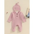 thumbnail image 2 of EYIIYE Infant Baby Girls Boys Basic Romper 0-6M Newborn Long Sleeve Bodysuit Crew Neck Overalls Solid Color Ribbed Button Jumpsuit with Hat Spring Autumn, 2 of 9