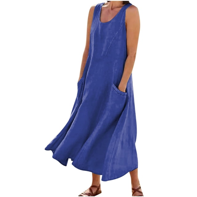 Staron Robe Femme Coton Lin Élégante Fluide Grande Taille avec Poches Ample Confortable Sans Manches Été Décontractée Vacances Plage Longue Robe Bleu TTTG. une Robe Bleue Sans Manches et Fluide avec une Encolure Ras du Cou, avec de Grandes Poches Latérales et une Coupe Décontractée. Parfaite pour les Robes d'Été Grande Taille, les Tenues de Plage Décontractées Ou les Sorties en Vacances.