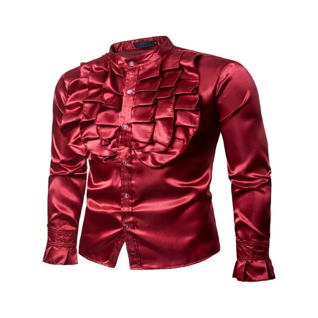 Men Satin Ruffle Shirts Long Sleeve Stand Collar Slim Fit Dress Shirt