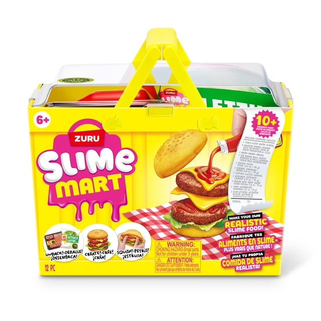 Slime Mart Petit Panier (BURGER) par ZURU Est un Panier en Plastique Jaune avec Couvercle Transparent et Poignées, Présentant un Graphique Réaliste de Slime BURGER avec Petit Pain, Deux Galettes, Fromage, Laitue et ketchup, Conçu pour des Jeux Créatifs de Slime pour 6 Ans et Plus.