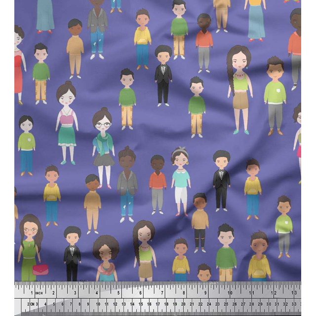 Soimoi Purple Poly Georgette Fabric Crowd Theme Human Figure Print Fabric by Yard 42 Inch Wide