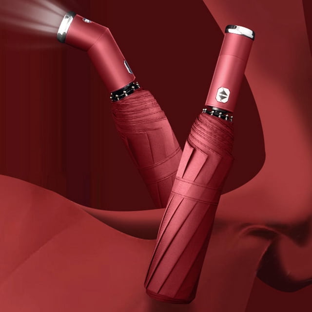 Vaidha Fully Automatic Rotatable LED Flashlight Umbrella, featuring a foldable design with black glue sunscreen material for sun protection and rain resistance. The umbrella includes a 180° rotatable LED flashlight at the handle for night visibility, powered by replaceable batteries. Its 10-bone windproof frame is reinforced for durability, offering 360° all-round protection with a larger coverage area. Shown in a sleek red finish with a compact, automatic opening and closing mechanism.