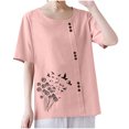thumbnail image 1 of T-shirts en Lin à Col Rond Oversize pour Femmes, Manches Courtes, T-Shirts en Coton, Imprimé Floral, à Boutons, Blouses Tendance, 1 of 7