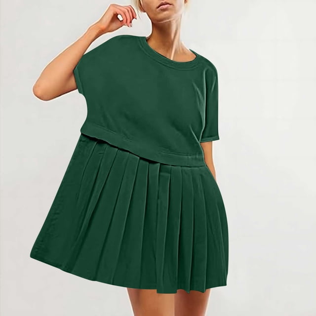 EQWLJWE Summer Patchwork Mini Dresses for Women 2024,Pleated Ruffle Dresses for Women Crew Neck Short Sleeve Dress ,Solid Ruffle A Line Beach Boho Long Maxi Dress with Pockets