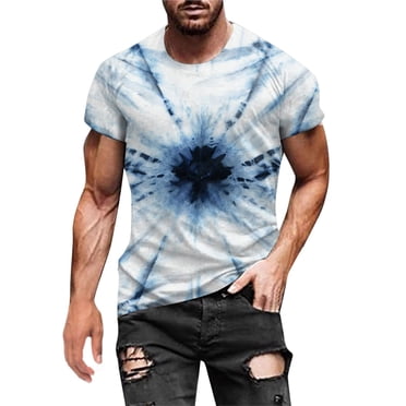 QIPOPIQ Men's Short Sleeve Round Neck Shirts Men's Funny Pattern Tie Dye Fashion Summer Neckline T-shirt Printed Pattern Gift for Father & Him 2024 Clearance Blue 3XL