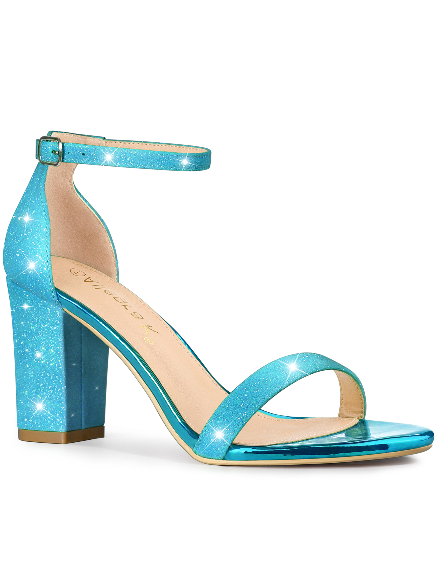 BLISSFUL STEP Women's Open Toe Ankle Strap Buckle Block Heels Glitter Sandals Blue 6