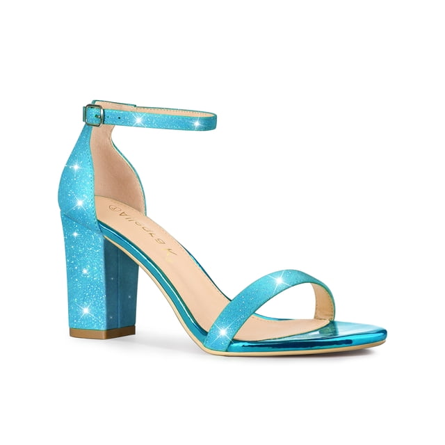 BLISSFUL STEP Women's Open Toe Ankle Strap Buckle Block Heels Glitter Sandals Blue 6
