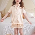 thumbnail image 3 of BLVB Girls Pajamas Satin Pajama Set Silk Pjs Short Sleeve Button down Shirts Summer Ruffle Sleepwear for Big Kids 5-15Y, 3 of 6