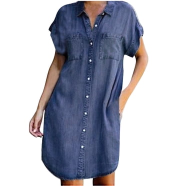 QUYUON Robe Chemise en Denim pour Femmes Robes en Denim pour 2023 Décontractée à Boutons Col Manches Courtes Robe Chemise en Jean avec Poches Tuniques Mini Courte Robe Boîte de Nuit Fête Robe en Jean Usée Bleu Foncé m